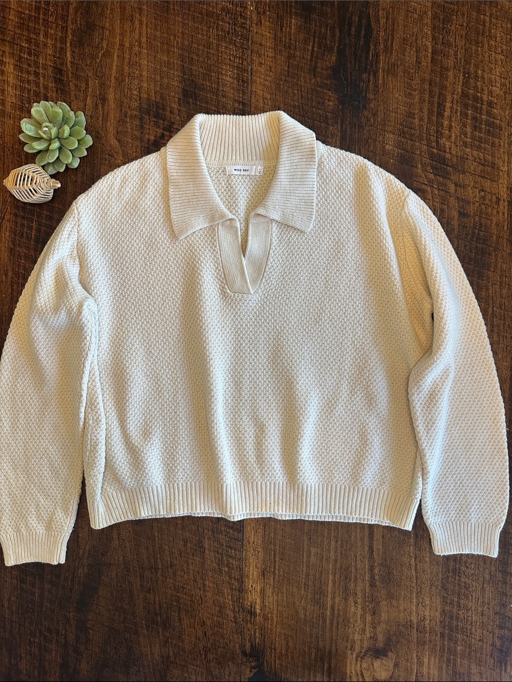 Mod Ref |  Classic Casual Ivory Johnny Collar Waffle Knit Sweater, Size L